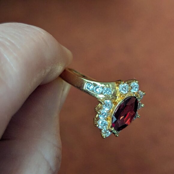 Joseph Cleary Gold Tone Ring Marquee Cut Red Garnet Bypass Statement JC - Picture 10 of 12